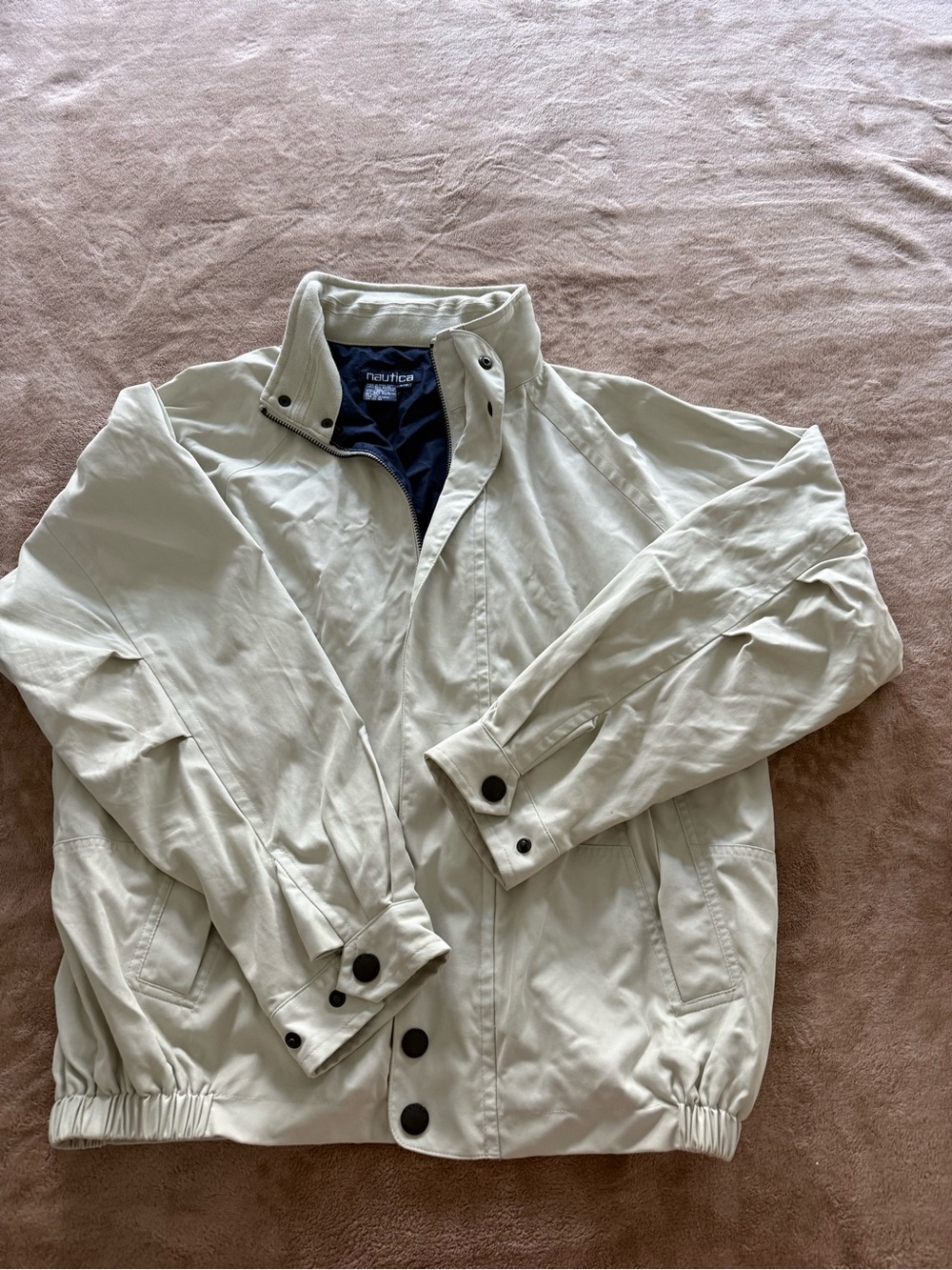 Nautica Men's Light Tan Zip Jacket with Dark Navy Lining